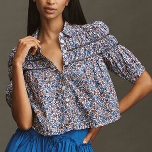 Anthropologie Maeve The Leandra Shirred Yoke Blouse Navy Rust Floral Size Medium